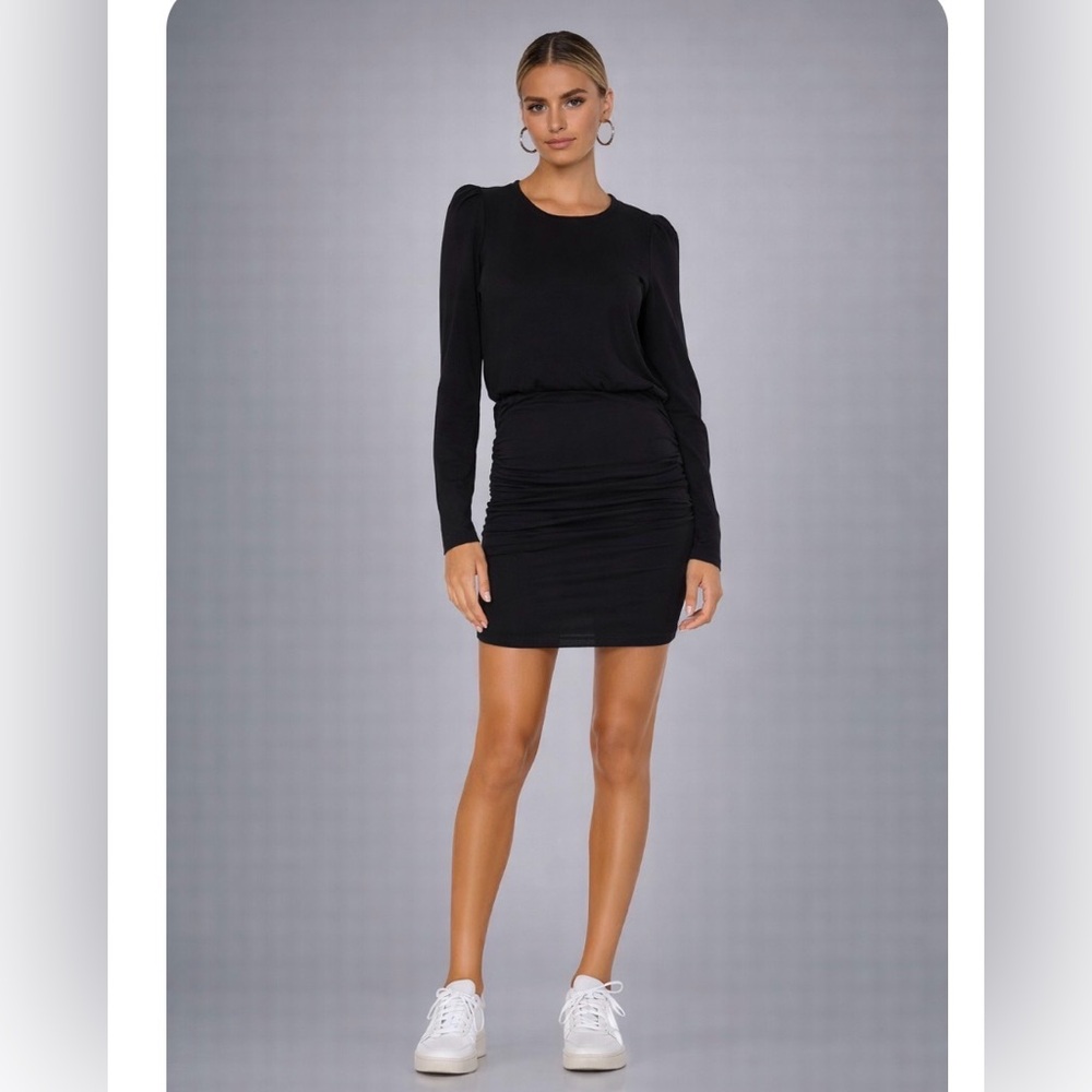 Anthropologie X SUNDRY Black Puff Sleeve Shirred Long Sleeve Dress